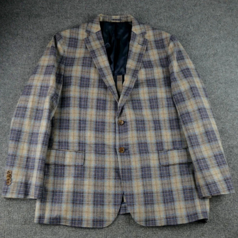 Jos A Bank Reserve Sport Coat Men 44L Blue Tan Plaid Silk Wool Lanificio di Pray